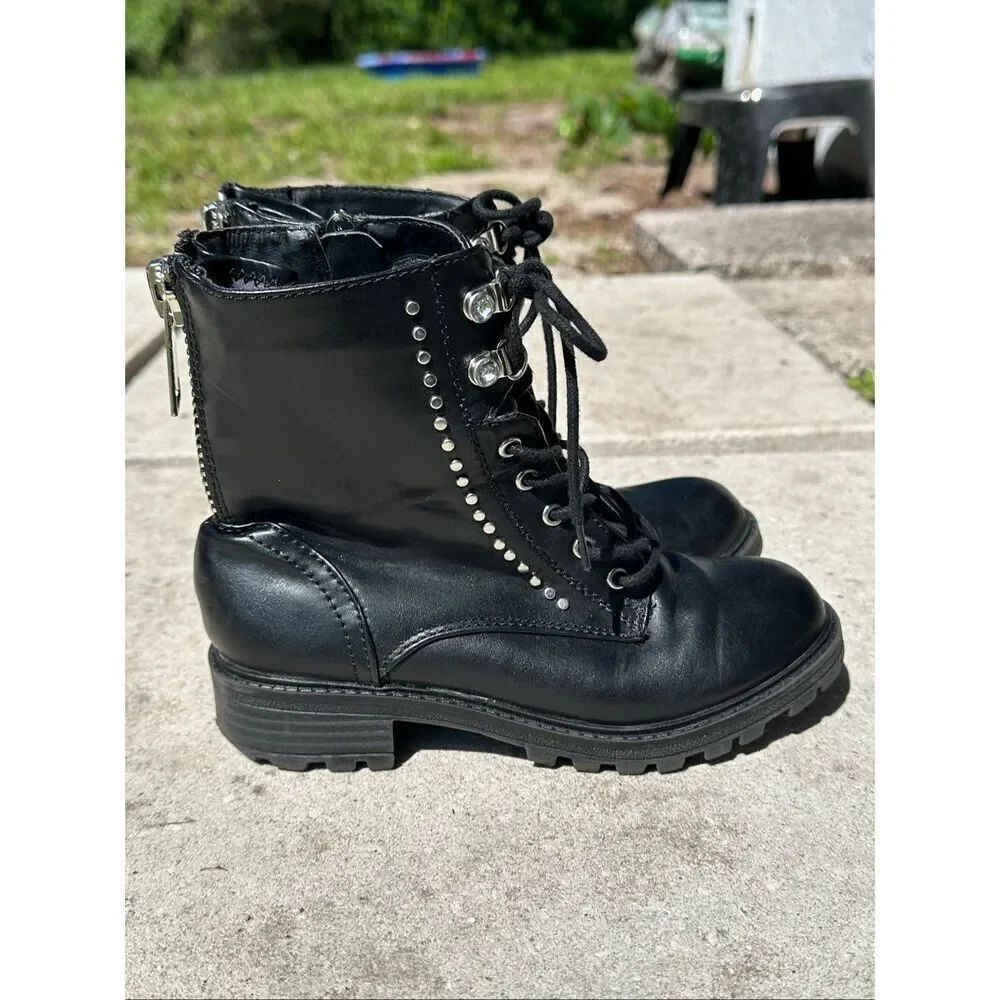 Girls Black Combat Boots Studded Goth Moto Ankle Boots Size 1 Kidpik